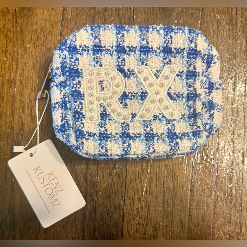 NWT Kenz Kustomz Blue & White Checkered RX Pearl Zippered Lined Pouch